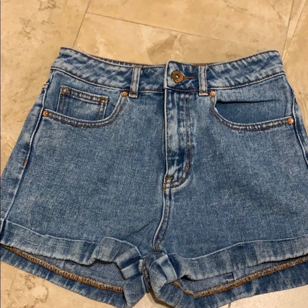 Light denim wash high waisted mom shorts
